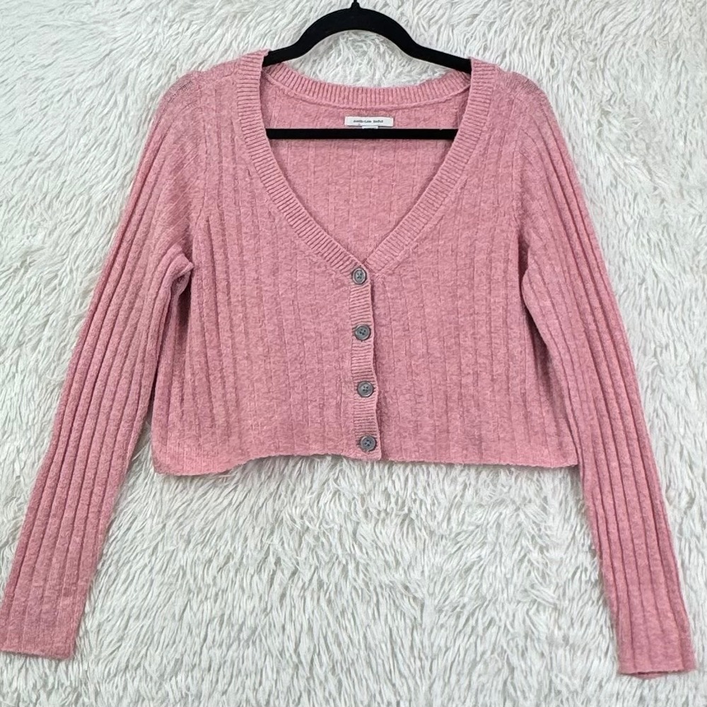 American Eagle Pink Cropped Ribbed Cardigan Size XS/S